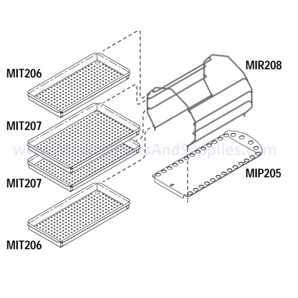 Rack and Tray Kit for the Midmark Ritter M9® Sterilizer, Part MIK204(OEM Part #030-0710-01 (Tray Rack), 050-3691-00 (Tray Rack), 002-0253-00 (Instrument Tray (Small)), 002-0374-00 (Instrument Tray (Large)), 050-1773-00 (Tray Plate))